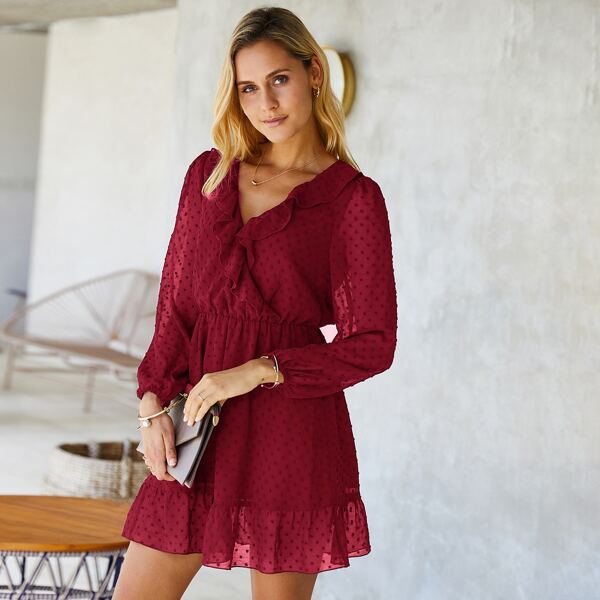

Swiss Dot Ruffle Trim A-line Dress, Rose red