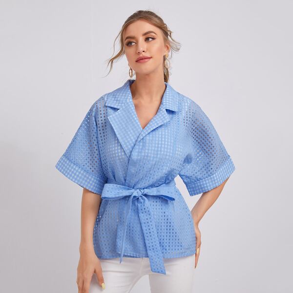 

Lapel Collar Plaid Mesh Belted Top, Baby blue