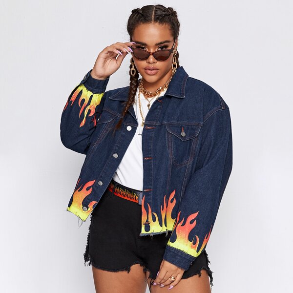 

Plus Button Front Fire Print Denim Jacket, Dark wash