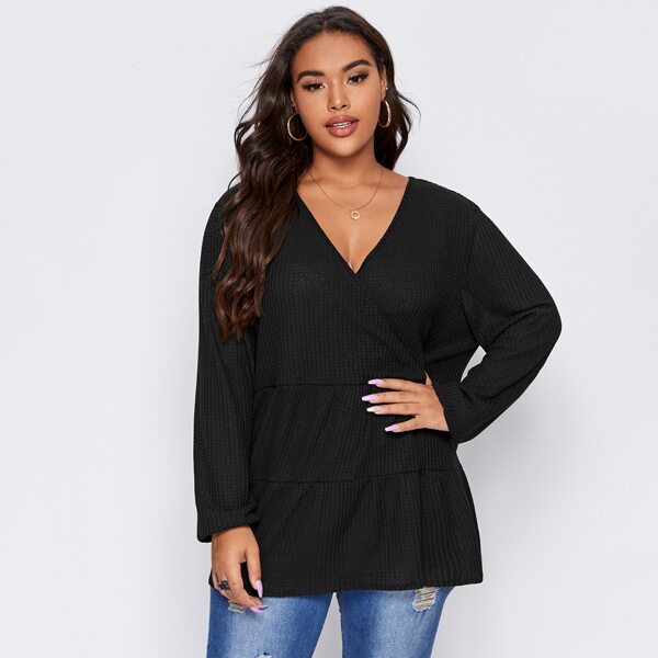 

Plus Wrap Waffle Knit Babydoll Tee, Black