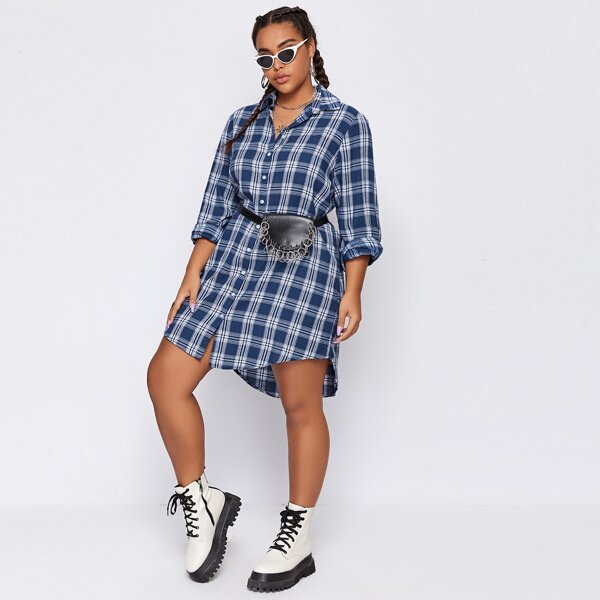

Plus Plaid High Low Shirt Dress Without Belt, Blue and white