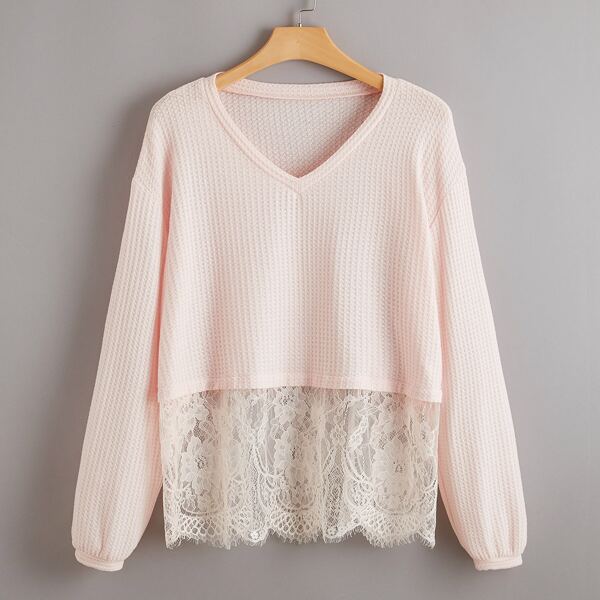 

Plus Waffle Knit Contrast Lace Drop Shoulder Tee, Pastel baby pink