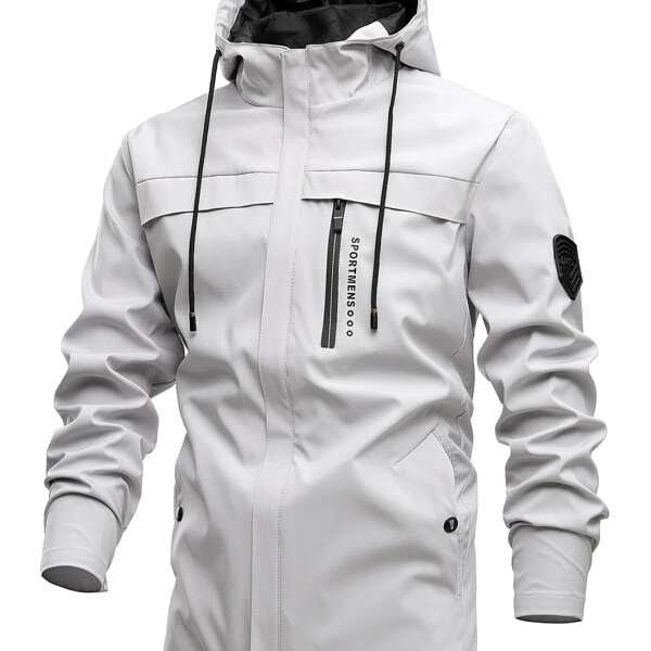

Men Patched Drawstring Hooded Coat, Light grey