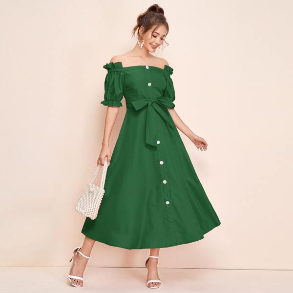 

Off Shoulder Button Front Ruffle Trim Self Belted Dress, Green