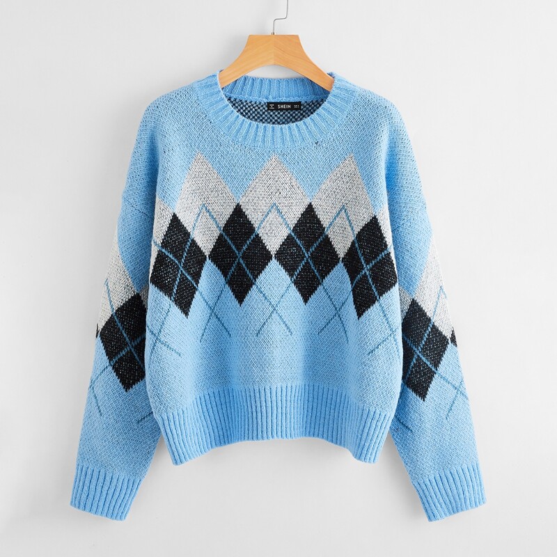 

Drop Shoulder Argyle Pattern Sweater, Blue