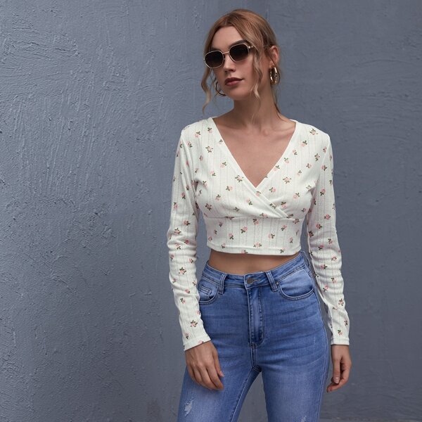 

Ditsy Floral Surplice Front Tee, White