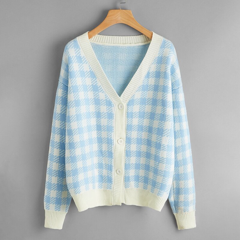 

Plaid Button Front Cardigan, Baby blue