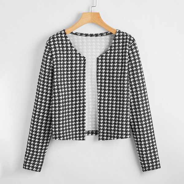 

Houndstooth Open Front Jacket, Black and white