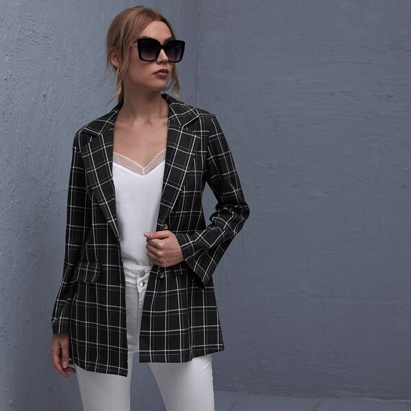 

Plaid Print Double Button Belted Blazer, Black