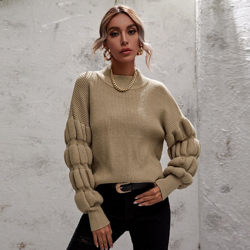 

Ribbed Knit Mock Neck Sweater, Khaki