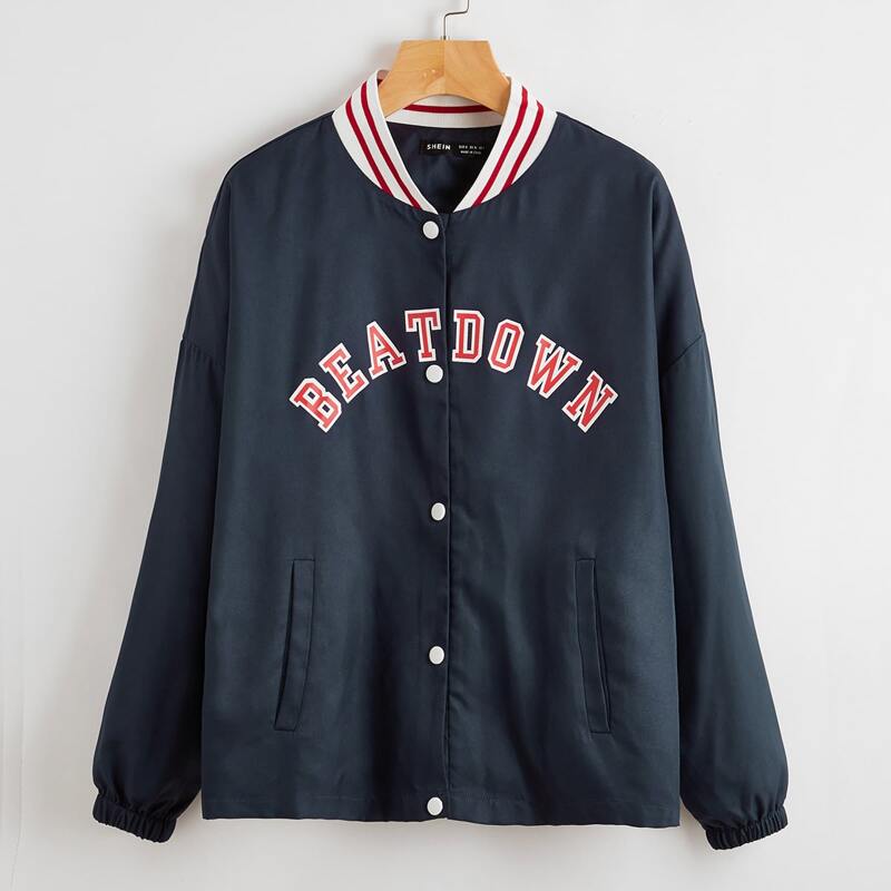 

Striped And Letter Graphic Single Breasted Bomber Jacket, Navy blue