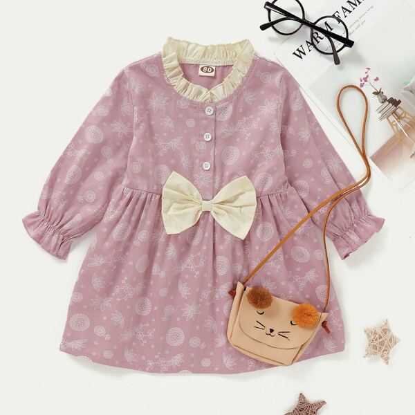 

Baby Girl Floral Print Half Placket Bow Front Dress, Dusty pink
