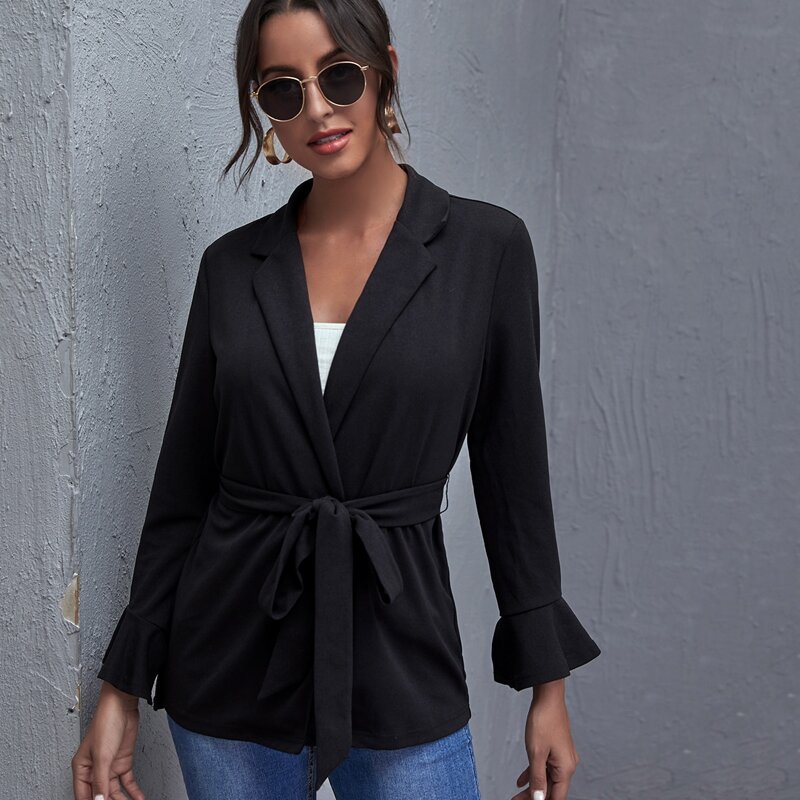 Notch Collar Flounce Sleeve Belted Blazer, Black