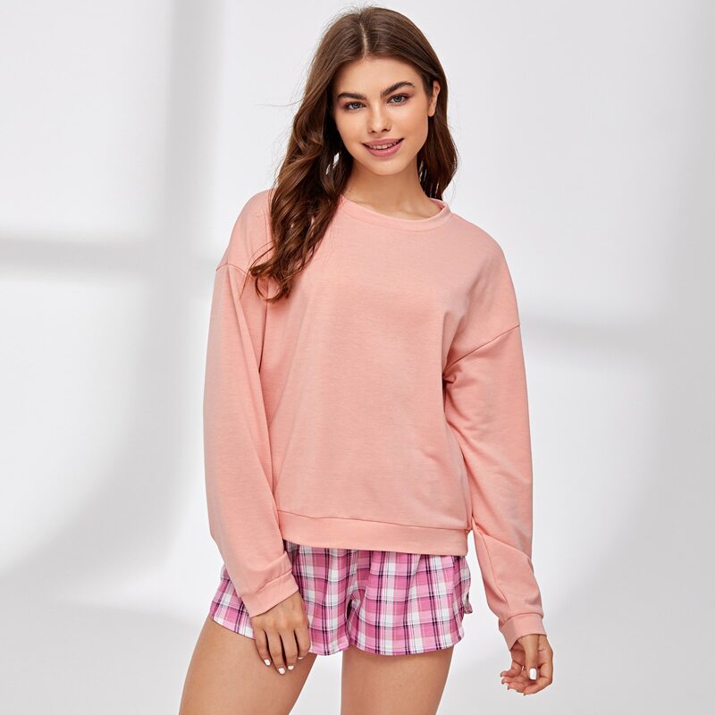 

Long Sleeve Tee & Plaid Shorts Lounge Set, Pink
