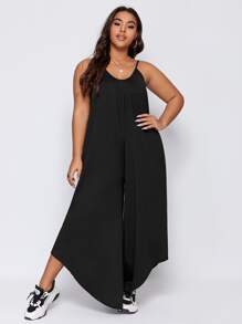 SHEIN Unity Plus Curved Hem Wide Leg Cami Jumpsuit - Black - View 1