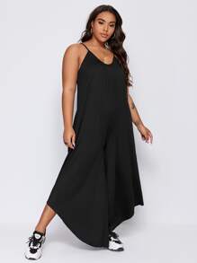 SHEIN Unity Plus Curved Hem Wide Leg Cami Jumpsuit - Black - View 5