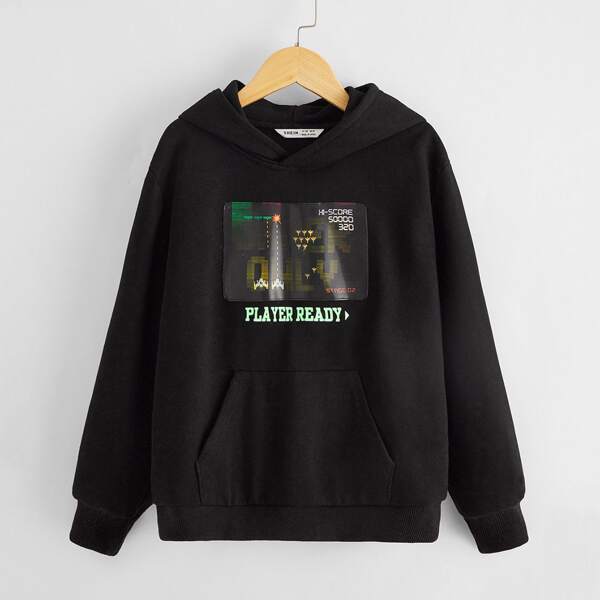 

Boys Letter Graphic Patched Detail Hoodie, Black