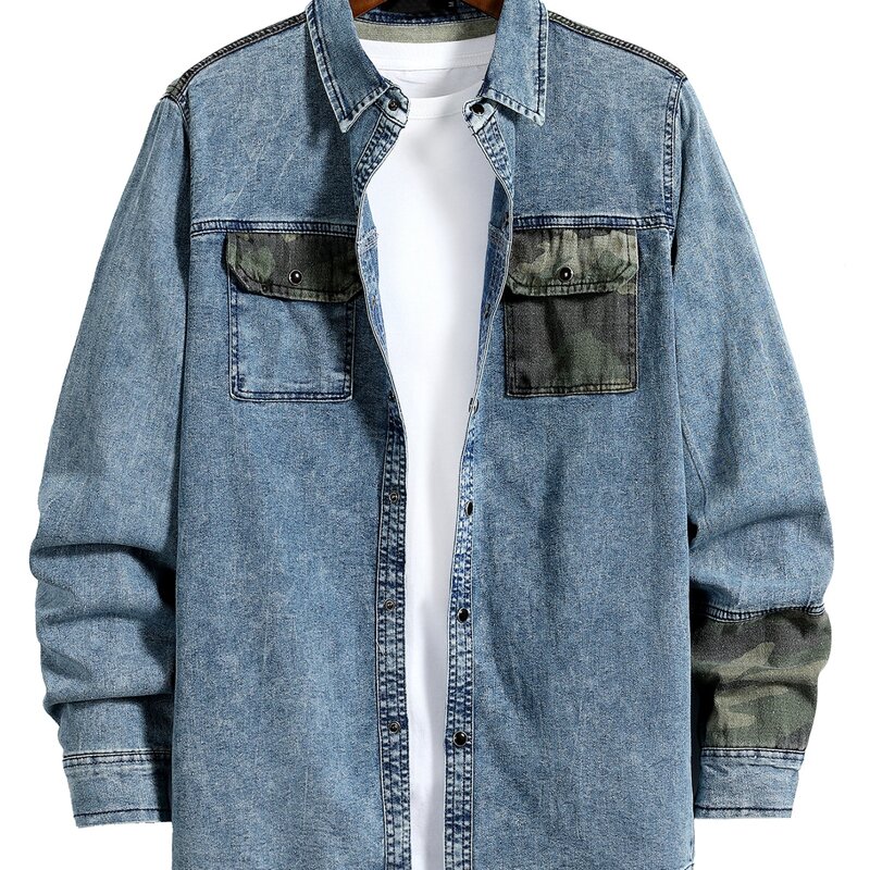 

Guys Contrast Camo Print Flap Pocket Denim Overshirt, Medium wash