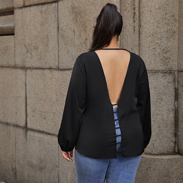 

Plus Keyhole Neck Cut Out Back Backless Blouse, Black