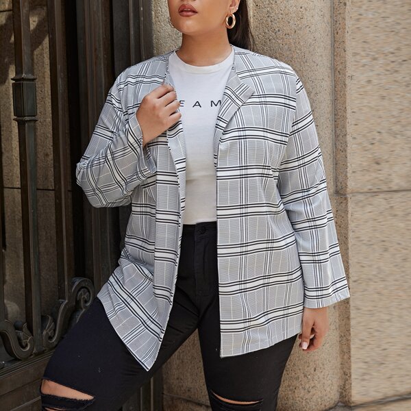 

Plus Plaid Print Open Front Coat, Grey