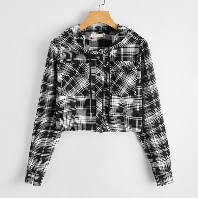 

Plaid Hooded Jacket, Black and white