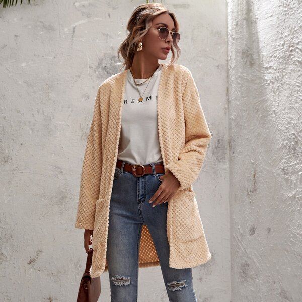

Solid Dual Pocket Open Front Coat, Apricot