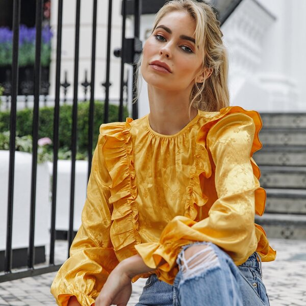 

Flounce Sleeve Ruffle Detail Jacquard Satin Top, Yellow bright