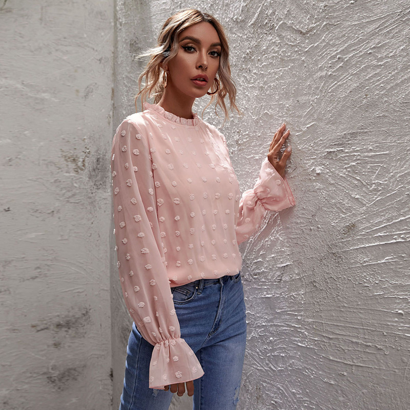 

Swiss Dot Frill Neck Solid Blouse, Baby pink
