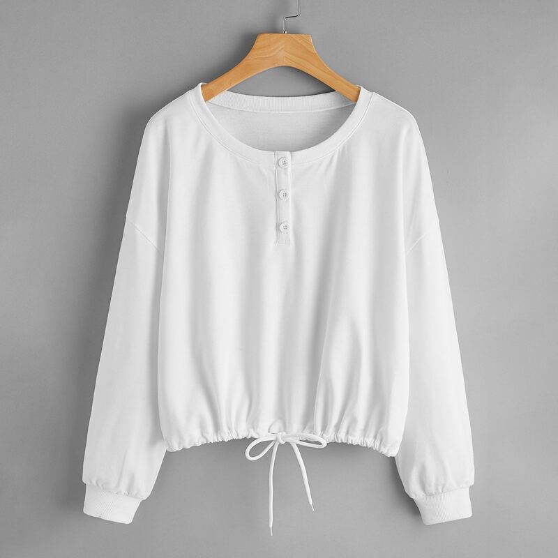 

Drawstring Hem Button Front Sweatshirt, White