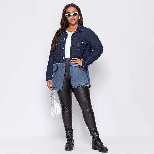 

Plus Button Front Raw Hem Denim Jacket, Dark wash
