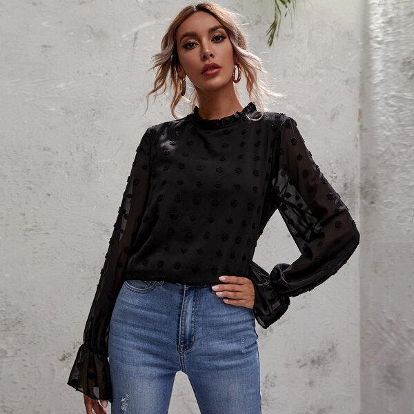 

Swiss Dot Frill Neck Blouse, Black