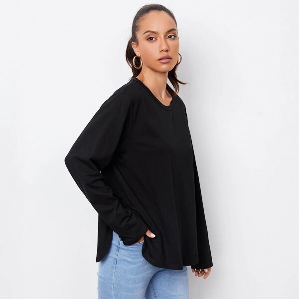 

Solid Curved Hem Round Neck Tee, Black