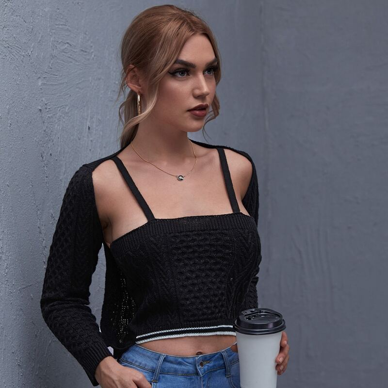 

Striped Cable Knit 2 In 1 Sweater, Black