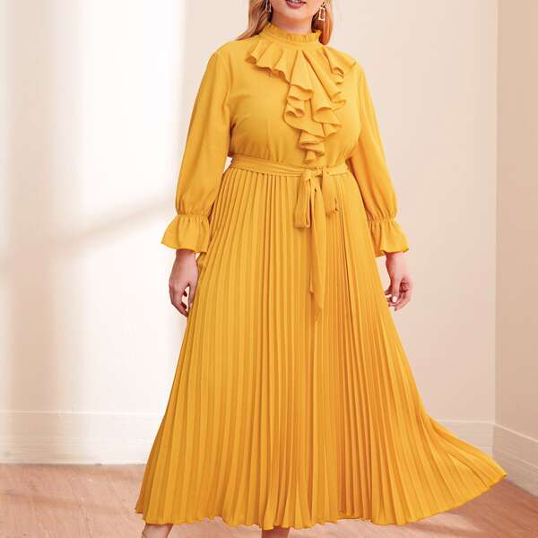 

Plus Frill Neck Ruffle Trim Pleated Maxi Dress, Yellow