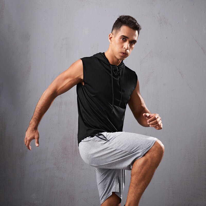 

Men Drawstring Hooded Athletic Tank Top, Black