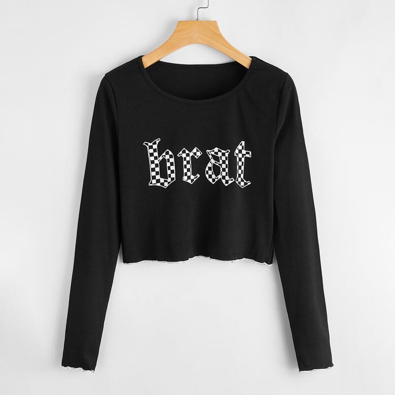 

Letter Graphic Ribbed Tee, Black