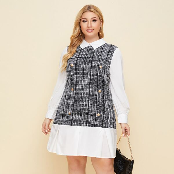 

Plus Contrast Plaid Tweed Double Breasted Dress, Black and white