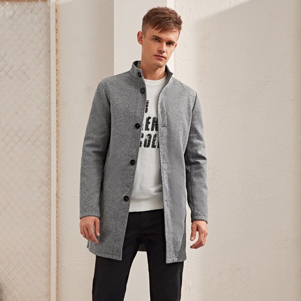 

Men Button Front Overcoat, Grey