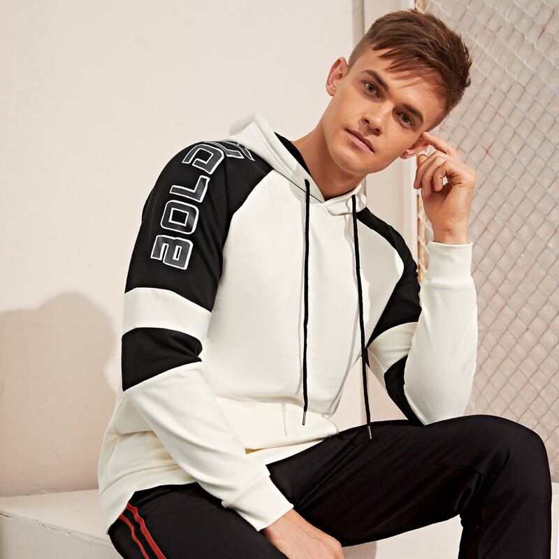 

Guys Letter Graphic Colorblock Hoodie, Black and white