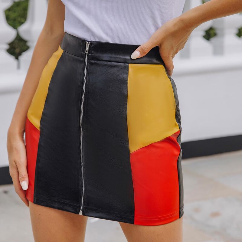 

Zip Front Colorblock PU Leather Skirt, Black