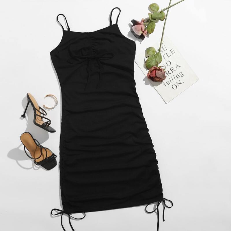 

Drawstring Ruched Detail Solid Dress, Black