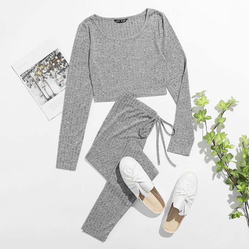 

Rib-knit Crop Tee & Knotted Front Joggers Set, Grey