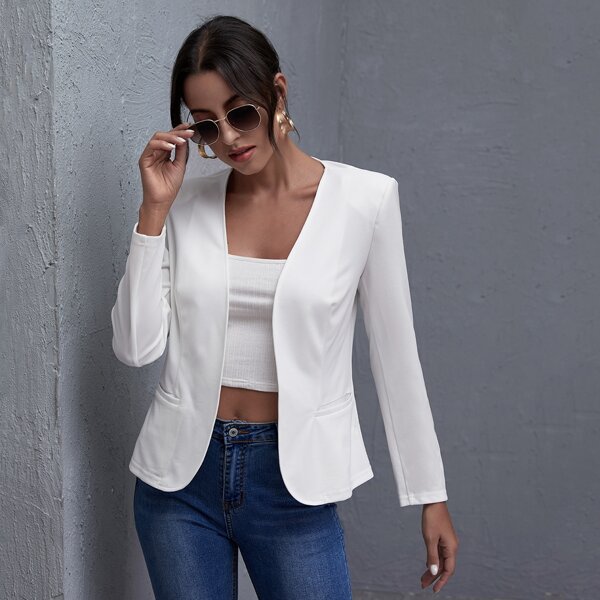 

Open Front Solid Blazer, White