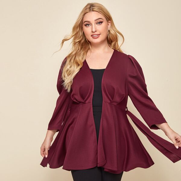 

Plus Puff Sleeve Belted Skater Coat, Maroon