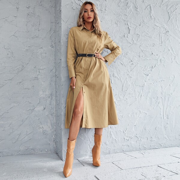 

Solid Button Front Shirt Dress Without Belted, Khaki