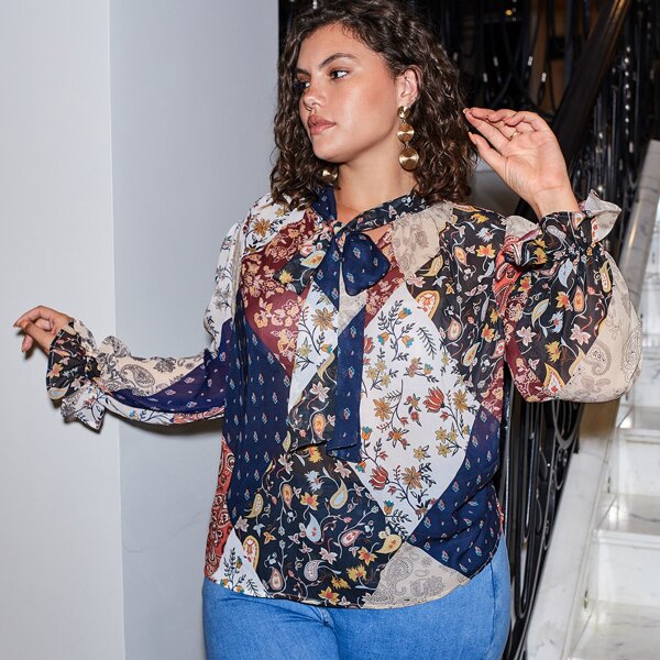 

Plus Paisley Patchwork Tie Neck Blouse, Multicolor