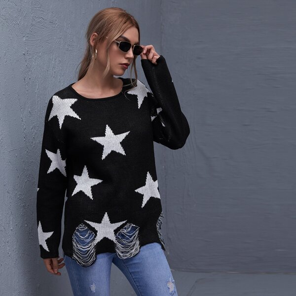 

Drop Shoulder Ripped Star Sweater, Black and white