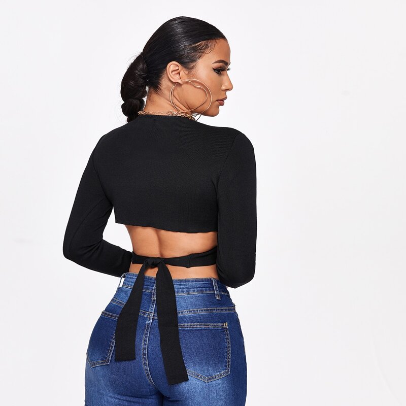 

Tie Back Cut-out Slim Crop Sweater, Black