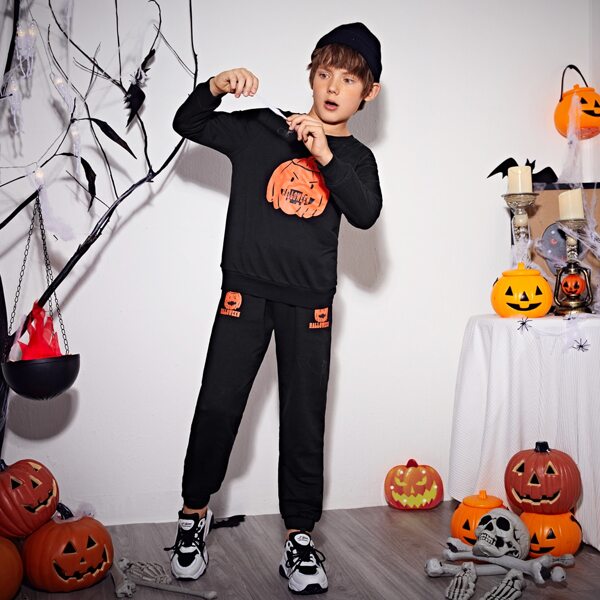 

Boys Letter & Halloween Print Pullover and Sweatpants Set, Black