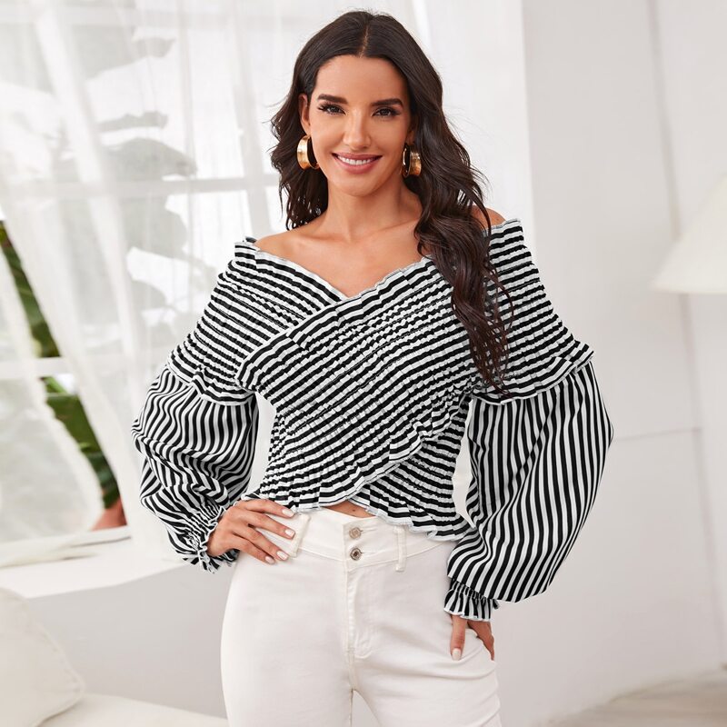 

Frill Trim Shirred Striped Top, Black and white